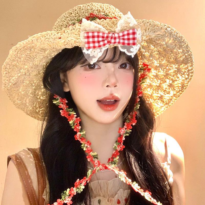Handmade Straw Sun Hat With Extended Brim And Ribbon Tie For Outdoor Sunshade