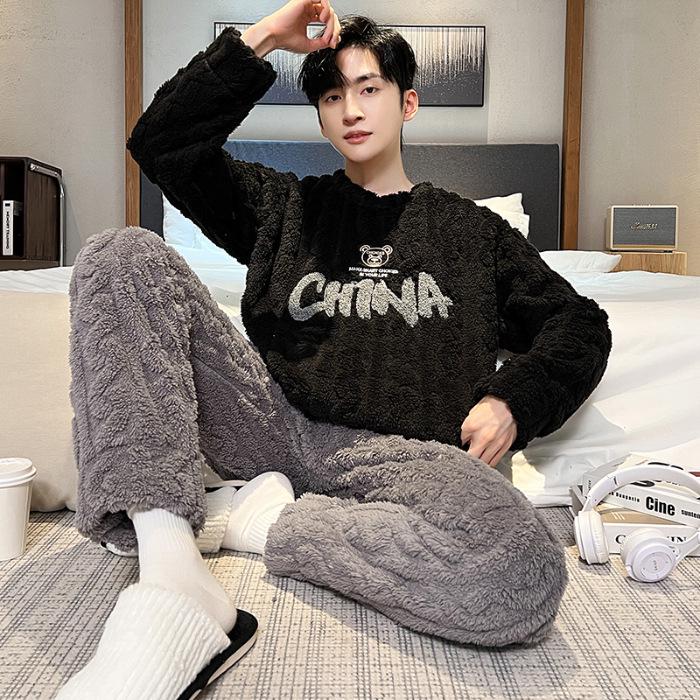 Men's Winter Coral Fleece Pajamas: Outdoor Wearable, Thickened Flannel, One-Piece Home Clothing
