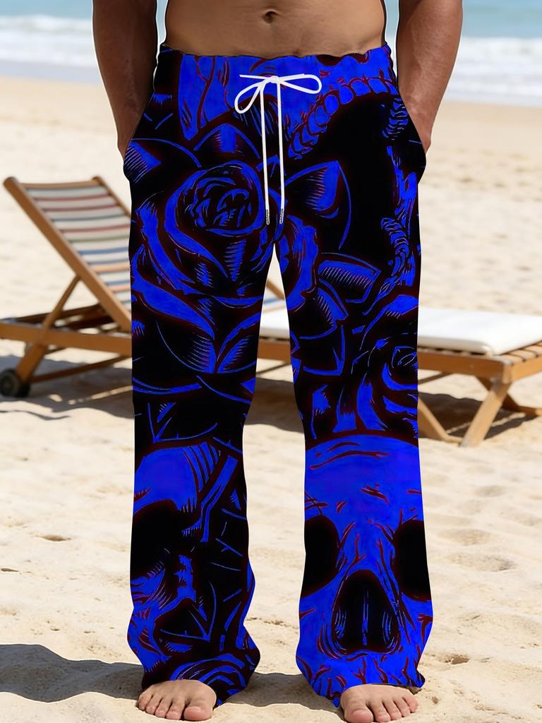 Casual men's printed loose straight trousers vacation beach pants men's European and American breathable