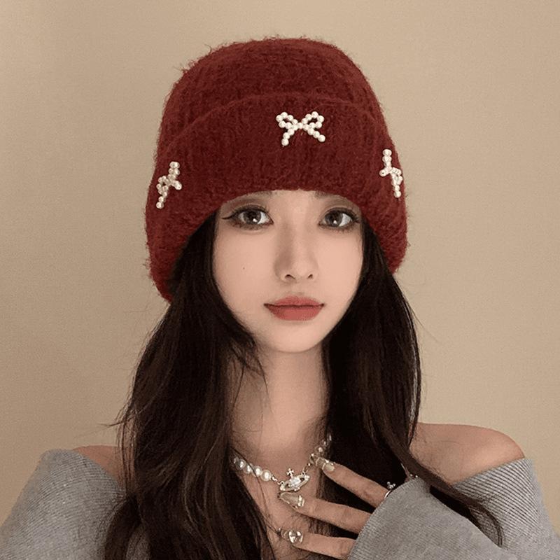 Bow Hat for Women's Winter Wool Hat Big Head Circumference Thickened Warm Knitted Hat