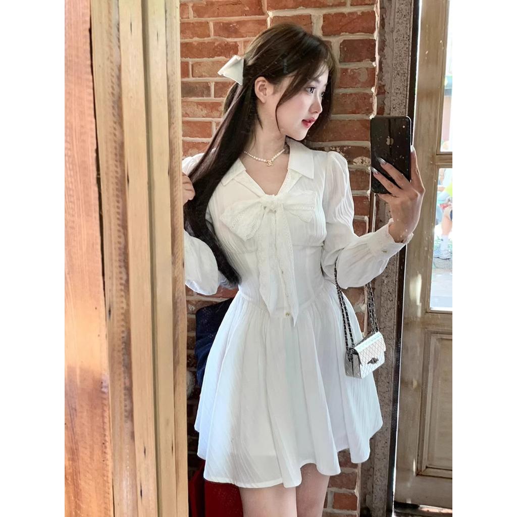 Double-layer Sleeve Throbbing Small White Dress Lace Long-sleeved Shirt Dress French Stunning White Spring and Summer Skirt To Wear