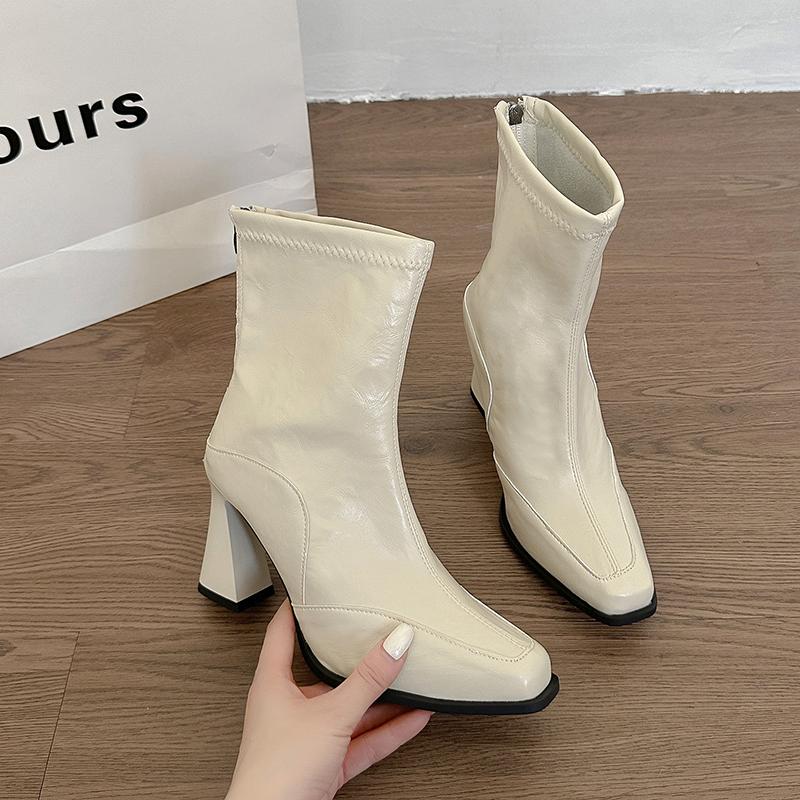 Autumn Winter Square Toe Women High Heel Ankle Boots Street Style Elastic Slim Mordern Short Botas De Mujer
