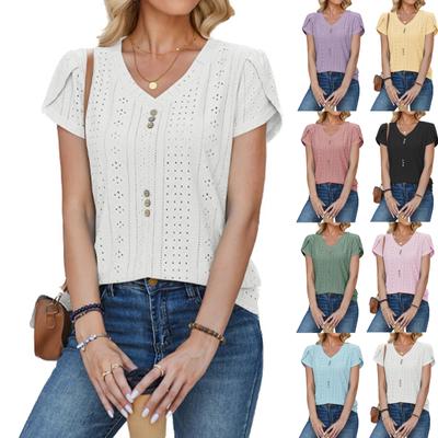 Damen Frühlings-Oberteile Lochstickerei Kurzarm V-Ausschnitt Knopf Sommerhemden für Damen Lässige Bluse Damen Sommerhemden