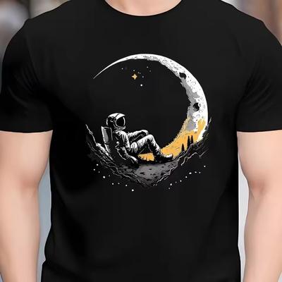 Men's Summer 100 Cotton Fashionable Casual Loose Plus Size Landing Moon Pattern Printed Sports Round Neck Short Sleeved T-shirt