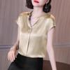 Summer New Fashion Korean Simple Chiffon Shirt Women's Solid V-neck Patchwork Short Sleeved Design Sense Drape Satin Loose Top