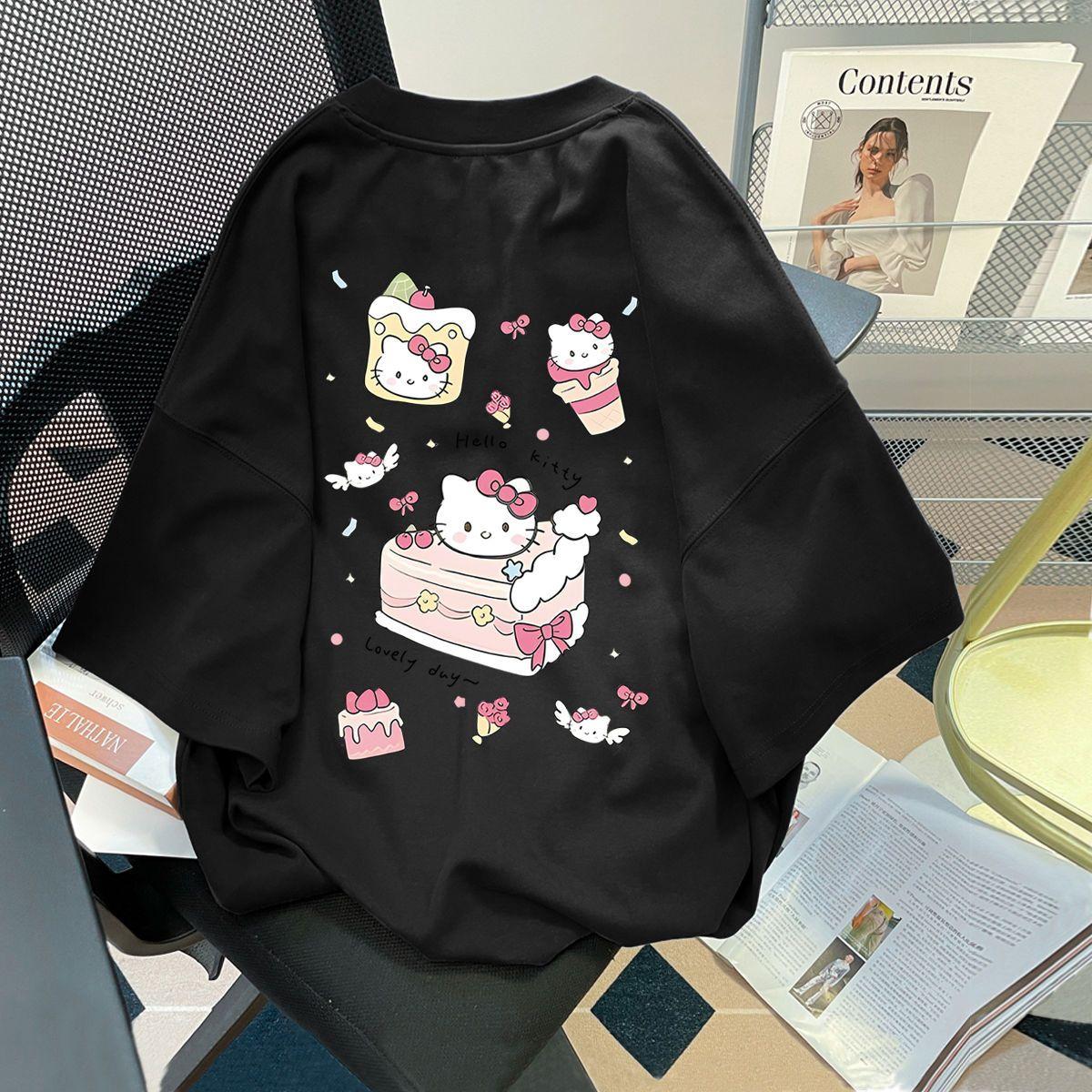 

Cotton Kitty Cat Printed Casual and Fashionable Shortsleeved Top for Women Summer New Style Shortsleeved Tshirt S