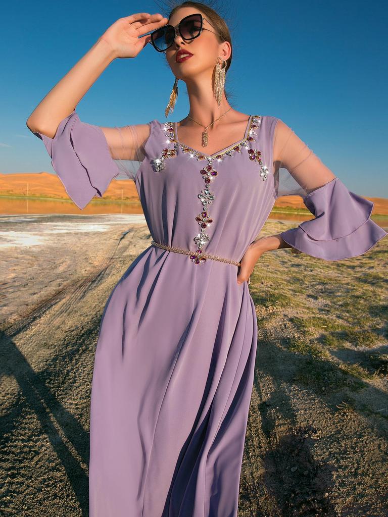 Khaki Ruffle Panel Mesh Slim Fit Elbise Dubai Müslüman Elbisesi