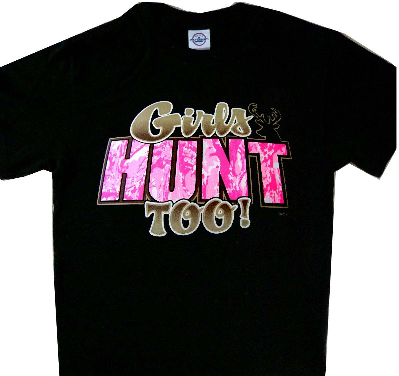 Girls Hunt Too Pink Camo Deer Buck Hunting Tee Shirt New Ladies Hunting Shirt L