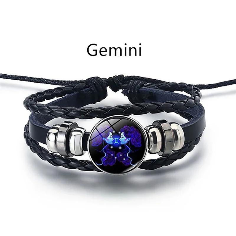 12 Constellation Luminous Bracelet Men Women Couple Multi-Layer Handmade Woven PU Rope Charm Bracelet Wristband Jewelry Gifts