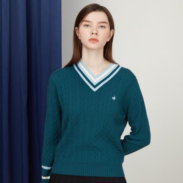 LECOQ GOLF Women'S V-Neck Cable Sweater