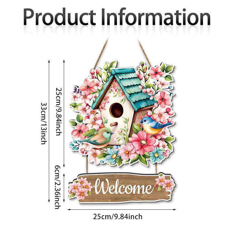 Spring Wreath Welcome Wooden Door Sign With Floral Design And Birdhouse - Farmhouse Home Decor And Rustic Wooden Hanging Plaque