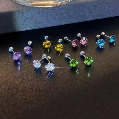 6mm Flashy Titanium Steel Threaded Ear Studs with Diamond for Cartilage and Ear Care