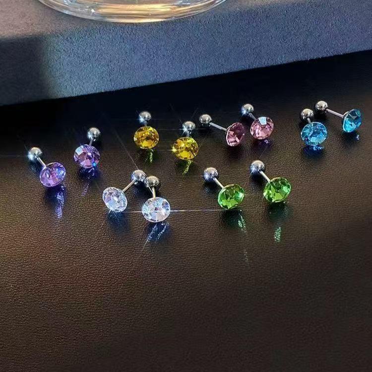 6mm Flashy Titanium Steel Threaded Ear Studs with Diamond for Cartilage and Ear Care