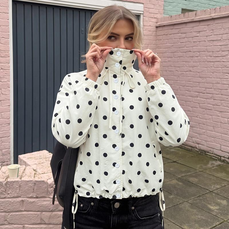 VEZFAA Women's Fashion Casual Polka Dot Print Fall Winter Long Sleeve Stand-Neck Jackets & Coats