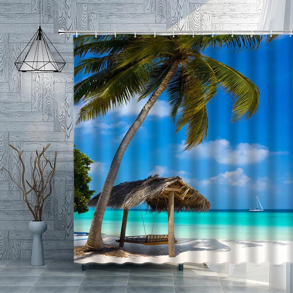 Ocean Palm Tree Shower Curtain Sunset Beach Tropical Sea Sunrise Hawaii Seaside Landscape Fabric Bathroom Decor Curtain Hooks W90XH180cm