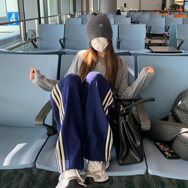 Blue sports wind side striped wide-leg sweatpants women's autumn new high-waisted loose mopping casual straight-leg pants