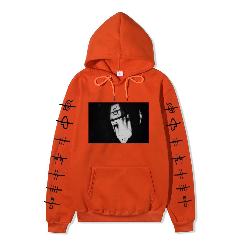 Anime Naruto Itachi Uchiha Hoodie Double Sleeve Symbol Print Character Front Print Pullover Sweatshirt Men Women Streetwear