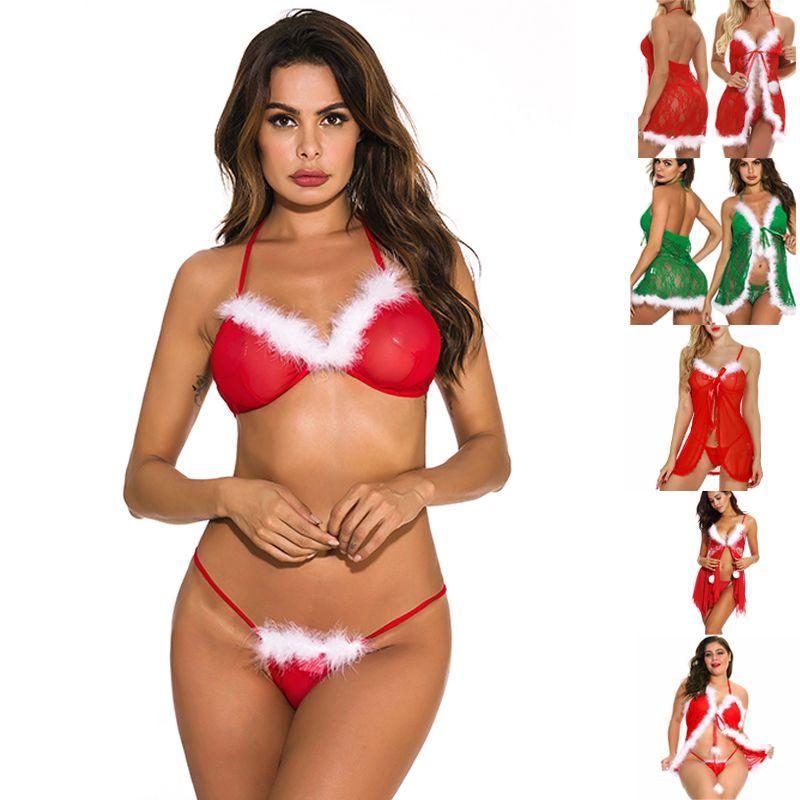 Luxurious Women Sexy Lingerie Red Babydoll Nightwear Santa Christmas Sleepwear G-string Set