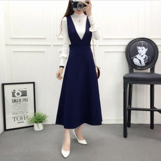 

2026 Spring/Autumn Korean Style Women s Mid-Length Strap Dress - Slimming Base Layer Fashion Vest Dress 4XL (Recommended 140-160 jin) синий