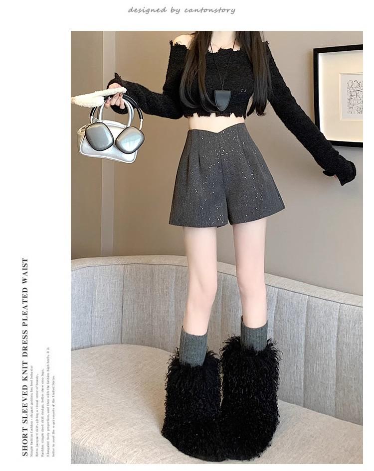 2024 A/W Woolen Sequin High Waist A-line Shorts: Women's Glitter Booty Shorts, Hot Girl Style, Wide Leg