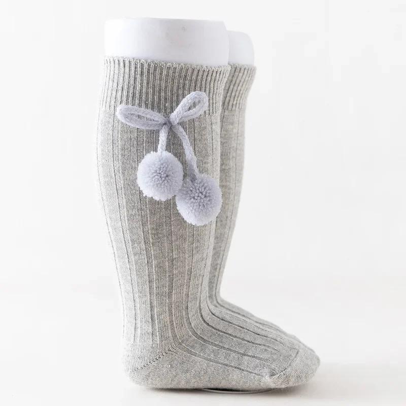 Autumn Winter Kawaii Baby Stockings Cotton British Princess Knee High Long Bow Pom Tube Socks for Girls Knitted Sock Warmer 0-4y