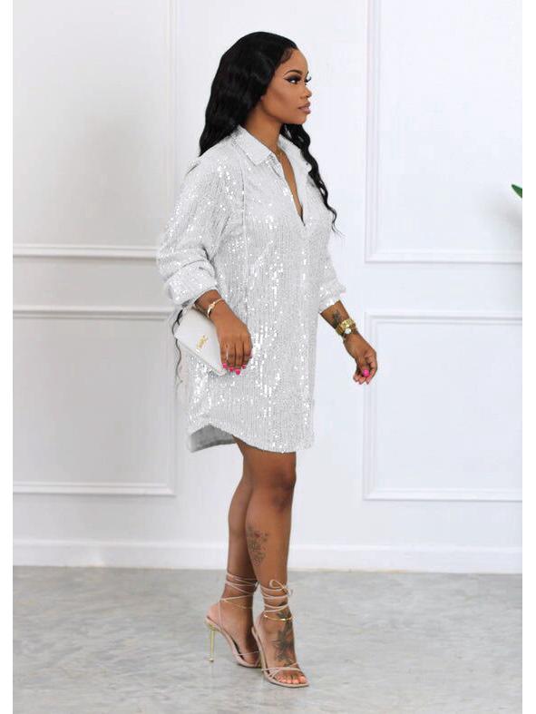 European and American Women's Solid Color Sequin Loose Shirt Dress