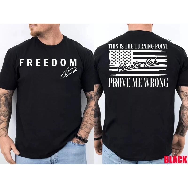 2-Sided FREEDOM & Charlie Kirk Turning Point USA American Flag Patriotic T-Shirt S
