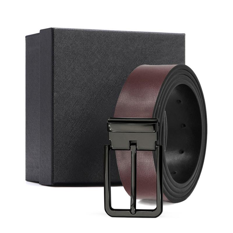Ремень Двухцветная гладкая пряжка-булавка Мужской двухслойный ремень из натуральной коровьей кожи Универсальный деловой ремень 110*3.3cm