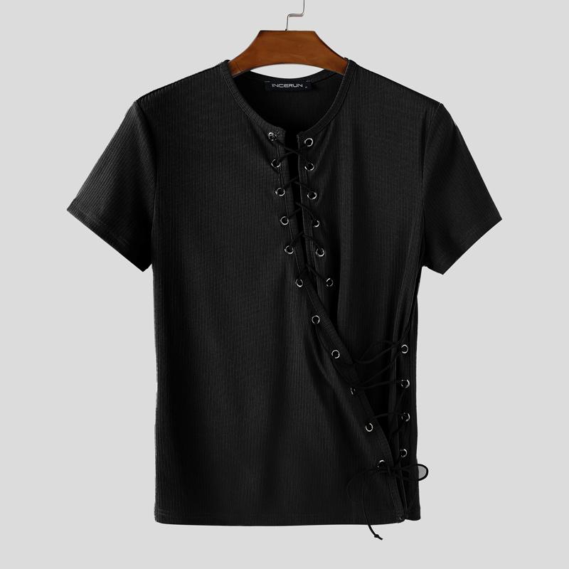 INCERUN Herren Kurzarm Seiten Schnürung Lässig Figurbetont Ripp T-Shirts Tops