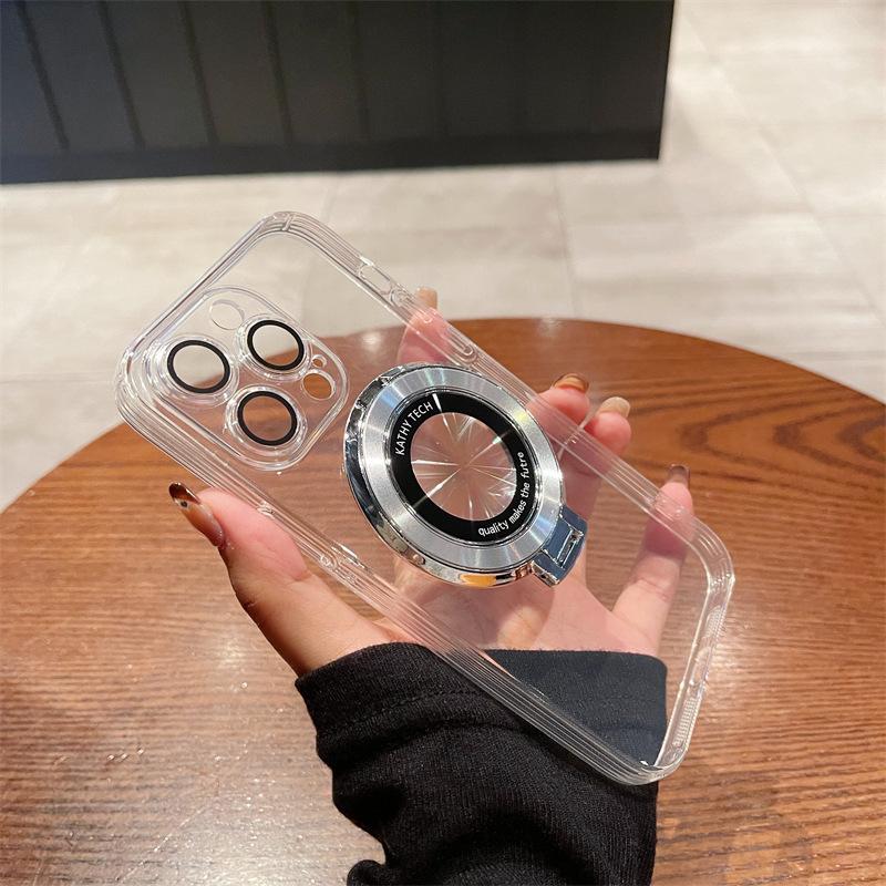 Applicable To IPhone 16 Mobile Phone Case Magnetic Suction Bracket Transparent Electroplating 14 Apple 15 Pro Protective Case 3 with Lens Film
