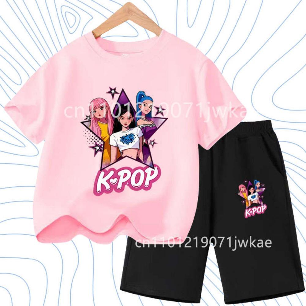 2026 Summer New K- POP Korean Idol Style Boys Girls Outfits Two-Piece Set with  Printed Short-Sleeve T-Shirt Shorts