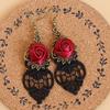1 Pair Vintage Gothic Vampire Halloween Black Lace Red Flowers Dangle Earrings