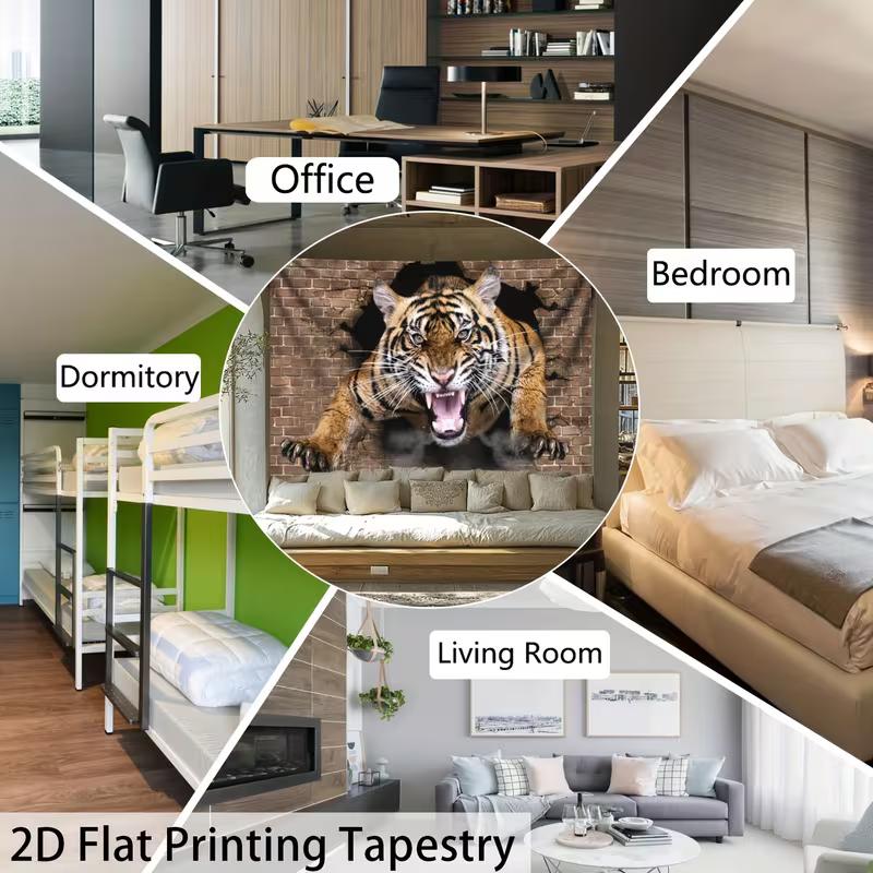 2D Roaring Tiger Tapestry Realistic Brick Wall Background Decor