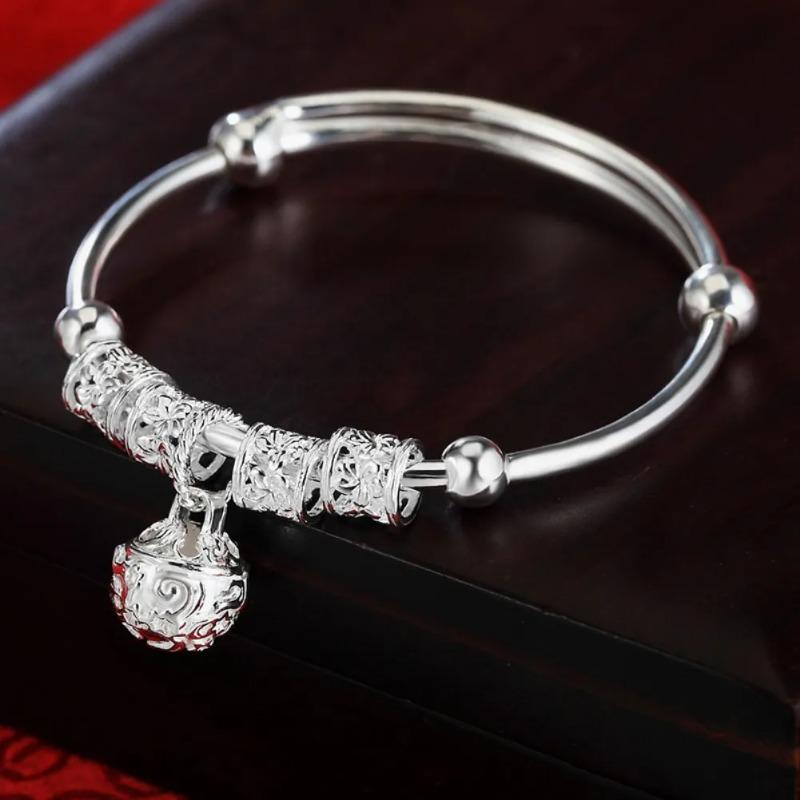 Adjustable Bracelet Silver Color Hollow Bells Ball Bangles for Women Fashion Holiday Gifts Party Wedding Jewelry
