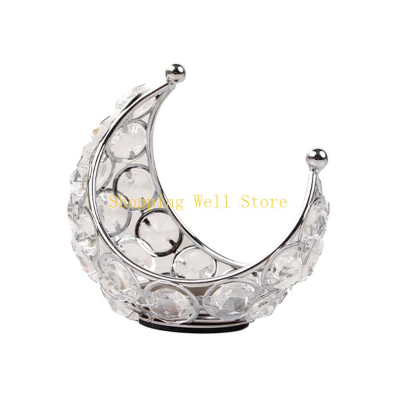 KX4B Metal Moon Shaped Holder Delicate Crystal Inlayed Candlesticks