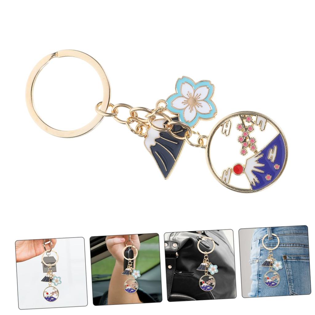 [FRCOLOR] Cherry Blossom Keychains, Set of 5, Enamel Flower and Mount Fuji Motif, Japanese Style, Zinc Alloy, Attachable To Bags, Keys, Wallets, and