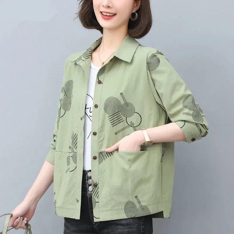 Mom's Fashion Printed Shirt Women's Long Sleeve Loose Casual Blouse Outerwear for Spring and Autumn