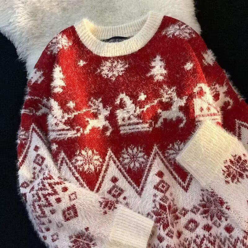 Women's New Year Red Christmas Sweater 2025: Round Neck, Loose, Thick, Autumn/Winter Style