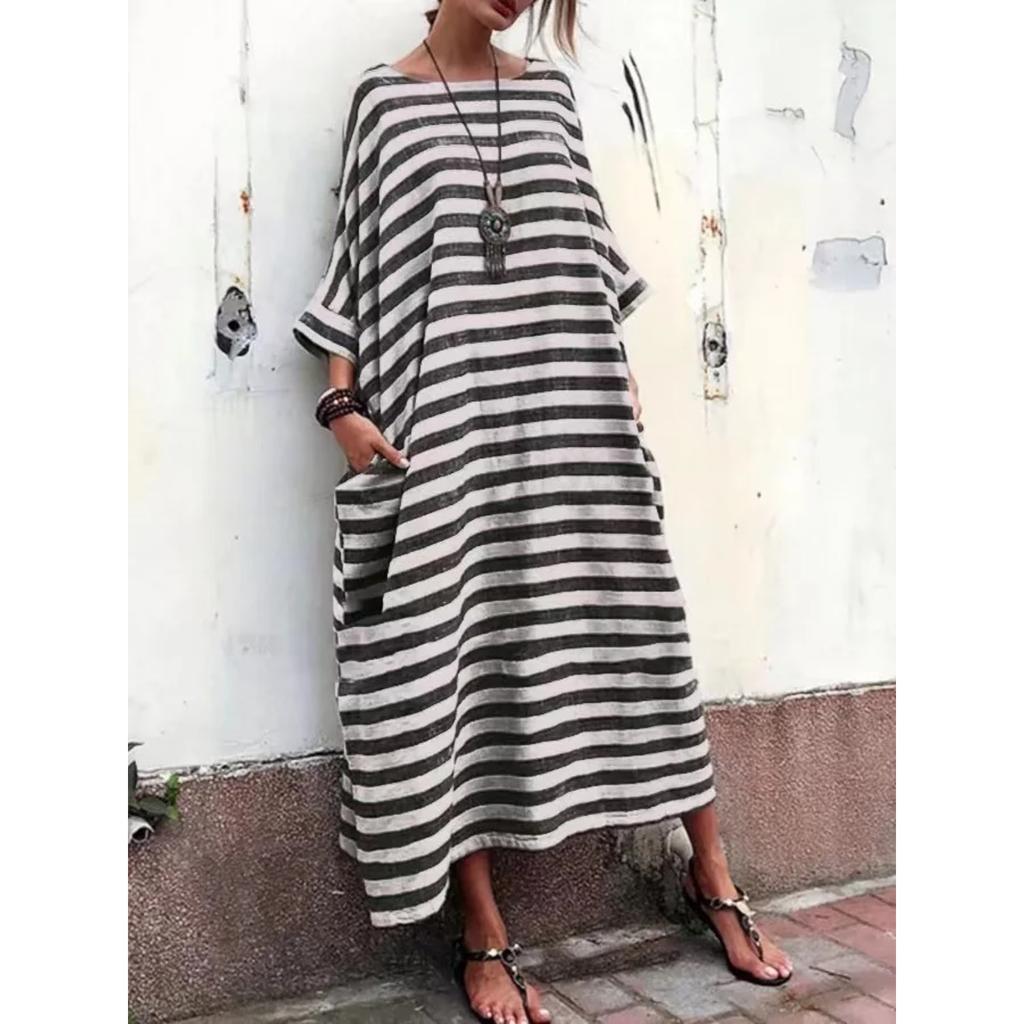 Damen Baumwolle Leinen Gestreiftes Kleid Sommer Locker Große Größe 4XL 5XL Maxikleid Robe Femme Lässig Lang Boho Kaftan Muslimisches Kleid