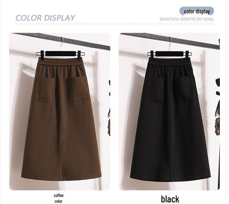 Women's Solid Color Half-Skirt with Pockets and Back Slit - Spring/Autumn Stylish, Elastic Waist, Mid-Length, Mature Style