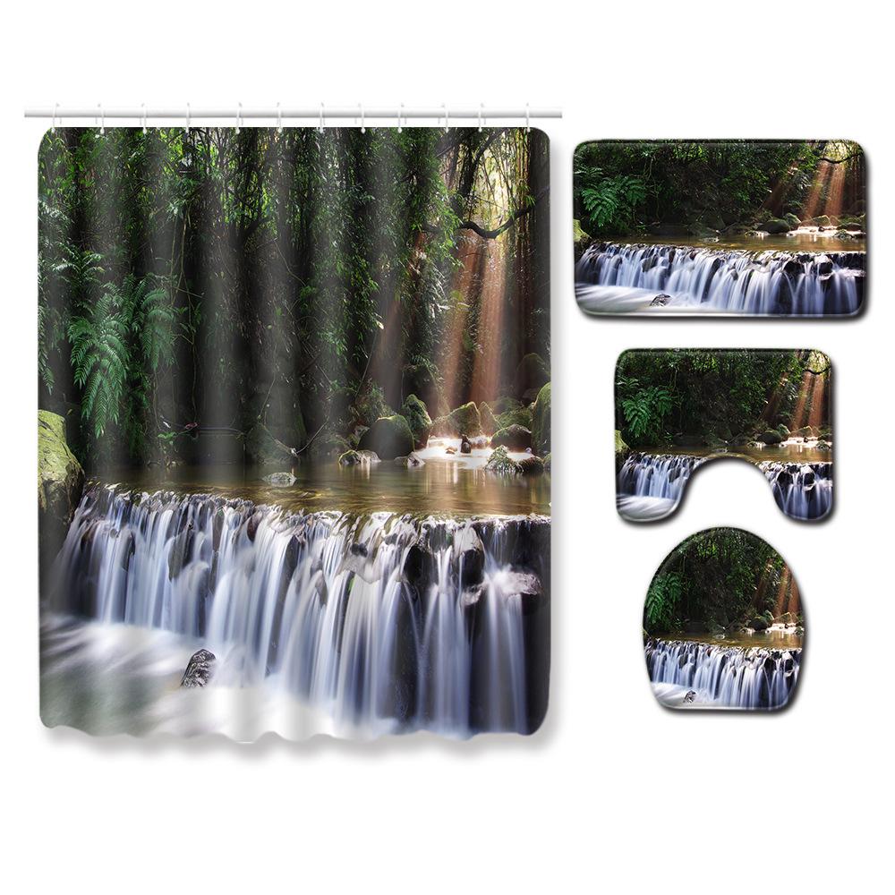 Landscape Shower Curtain Floor Mat Combination Four-Piece Set Bathroom Toilet Carpet Shower Room Mat Foot Mat
