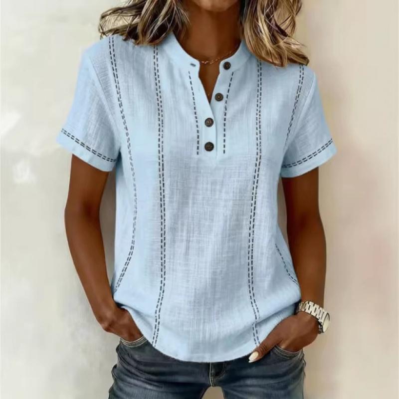 2026 New Casual Short-Sleeve Stand Collar Solid Color Patchwork Women's Shirt