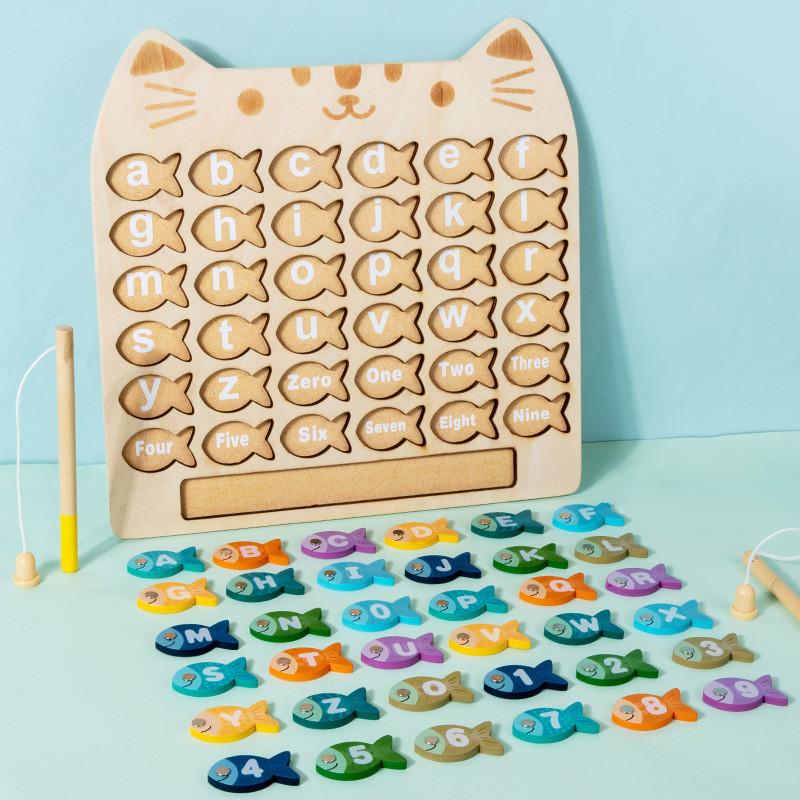 Wooden Letter Number Cognitive Matching Magnetic Fishing Board Children Toy