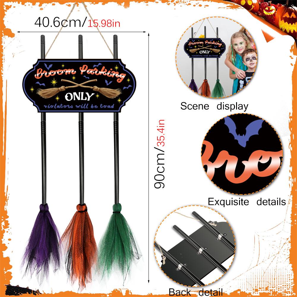 Halloween Decoration Broom Sign 3 Witches Brooms for Front Porch Wall Home Office Indoor Outdoor Wall Halloween Decoration