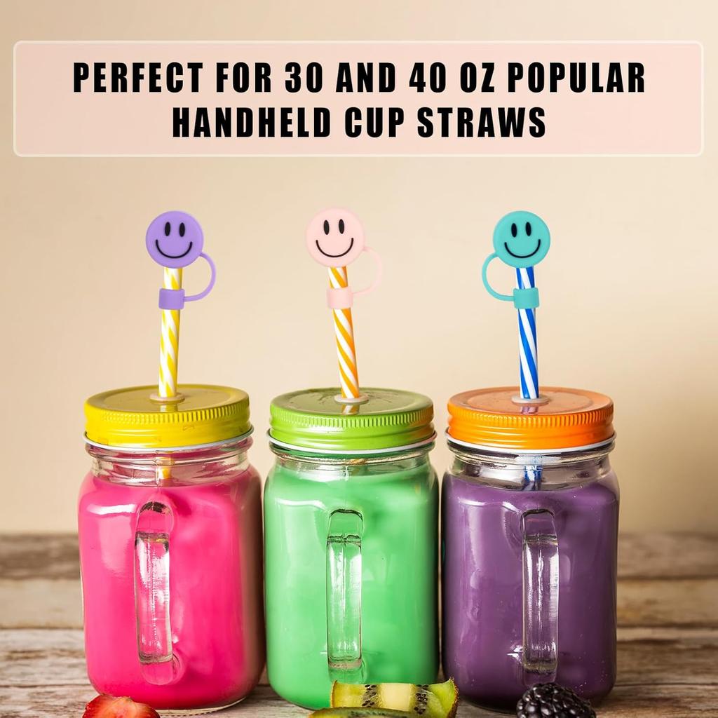 Whaline 4Pcs Smile Face Straw Cover Cap Pink Purple Mint Green Silicone Drinking Straw Topper 10mm 30&40 Oz Reble Straws Covers Double Sided Tumbler
