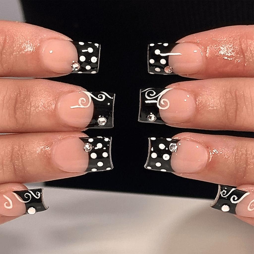Blue Brown Polka Dot Cute Bow French Nail Art Summer Stylish Short False Nails Detachable Finished Fake Nails Press on Nails
