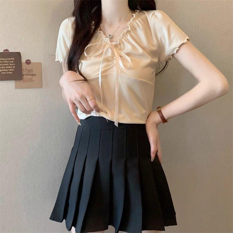 

Summer V-Neck Lace Slimming Drawstring Short-Sleeve Women s Top Large сірий колір