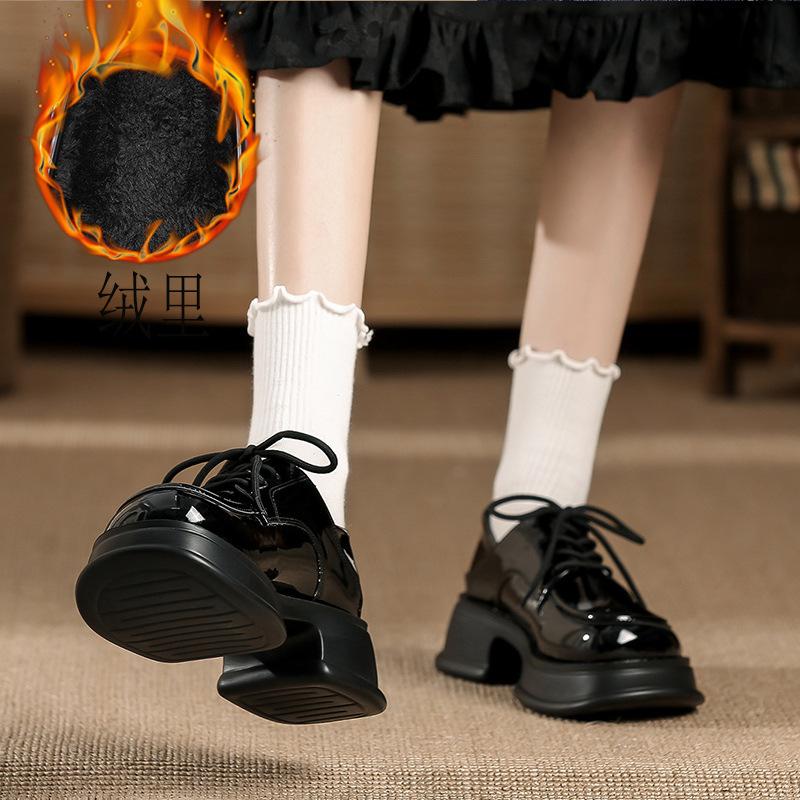 New retro black single shoes women's autumn round head lace-up versatile platform small leather shoes