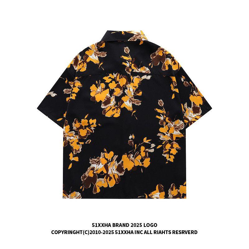 51 Hip-hop Retro Design Floral Full Print Short Sleeve Shirts Men's and Women's Summer Ice Silk Cool Feeling Loose Casual Shirt