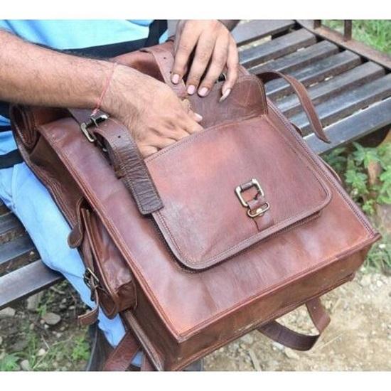 Handmade Genuine Goat Leather Rolling Top Backpack Rucksack Travel Bikers Bag